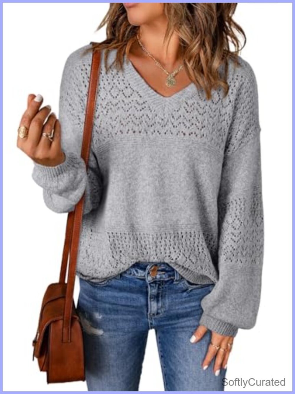 SHEWIN Women's Crochet Knit Pullover Sweater Long Sleeve V-Neck